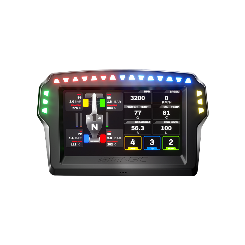 Simagic MagicDash 4 telemetry display showing live race data including RPM, speed, gear, and temperatures, at SimRigs Australia