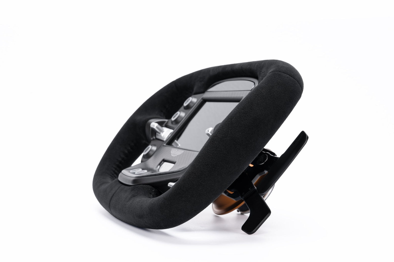 Simagic Aston Martin Valkyrie steering wheel, angled view with paddles