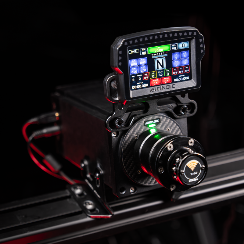 Simagic MagicDash 4 mounted in a sim racing cockpit, angled view
