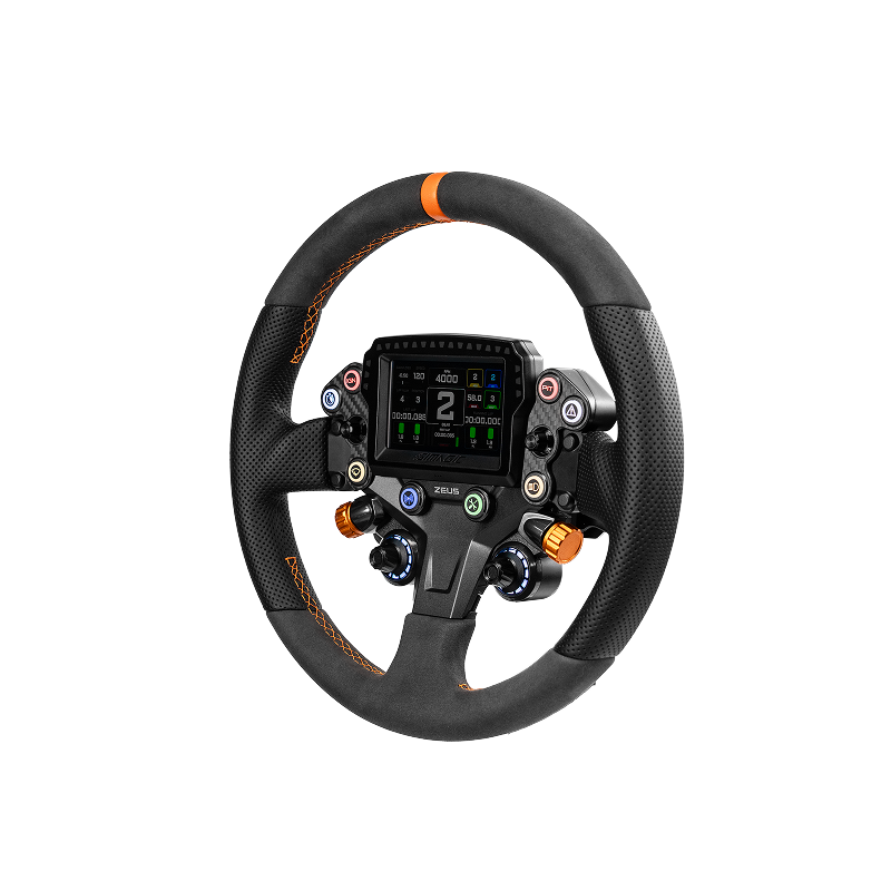 Simagic Zeus Sport 320mm racing steering wheel with MagicDash 4 fitted, angled view