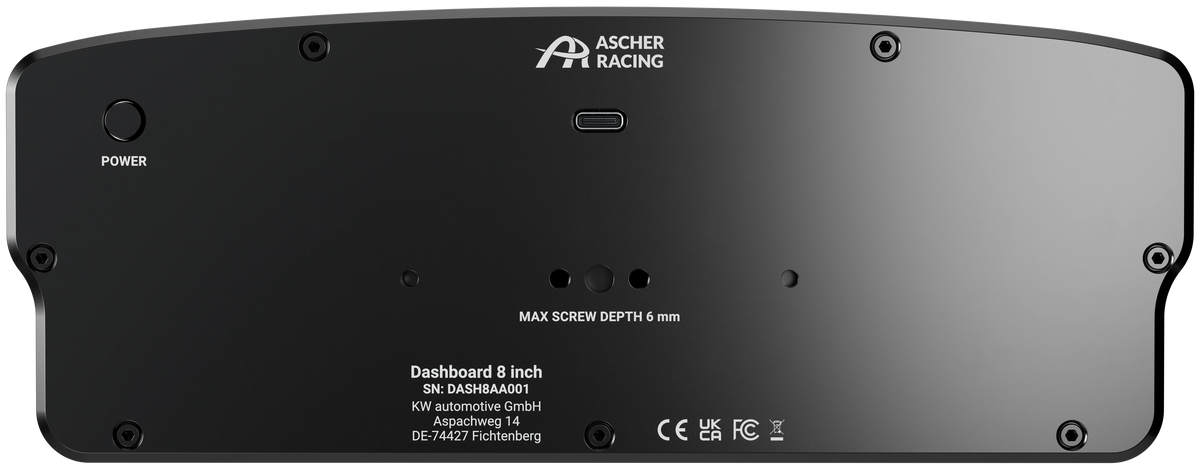 Ascher-Racing 8" Dashboard rear view showing mount and USB-C