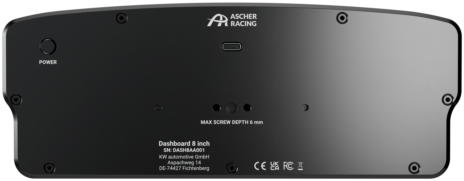 Ascher-Racing 8" Dashboard rear view showing mount and USB-C