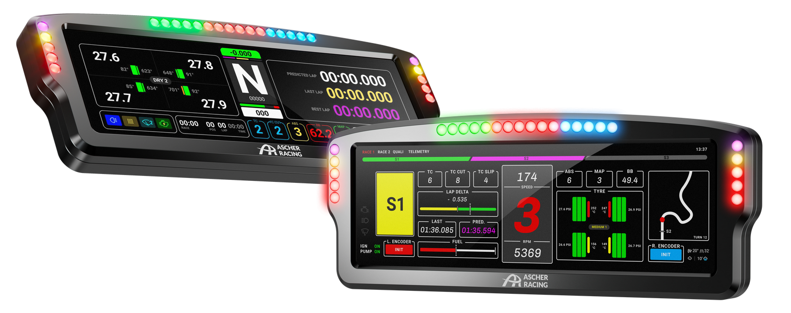 Ascher-Racing 8" Dashboard - front view with LSR display on
