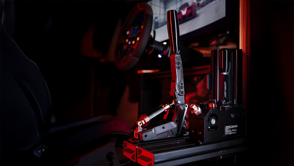 Simagic TB-Neo handbrake mounted to a sim racing cockpit, three-quarter view