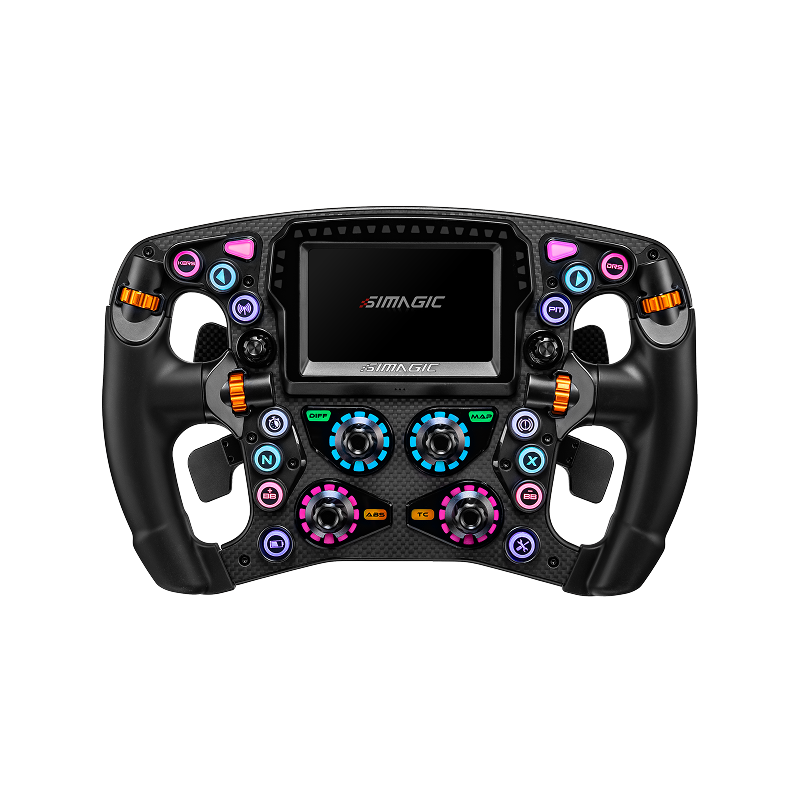 Simagic Zeus Formula 280mm F1-spec steering wheel with MagicDash 4 telemetry display fitted, at SimRigs Australia