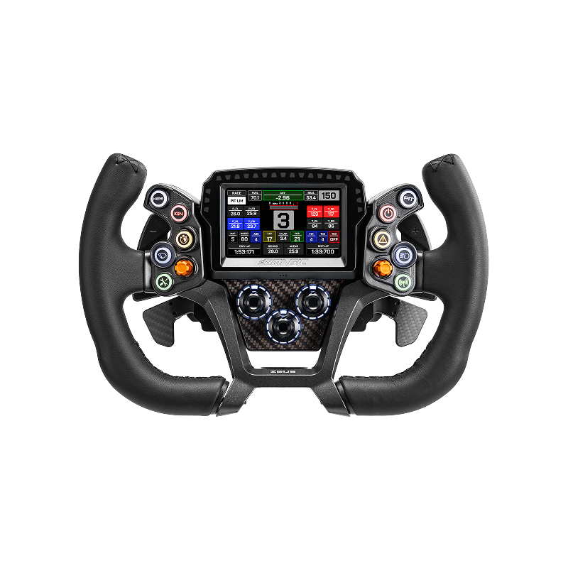 Simagic Zeus GT 300mm racing steering wheel with MagicDash 4 telemetry display fitted, at SimRigs Australia
