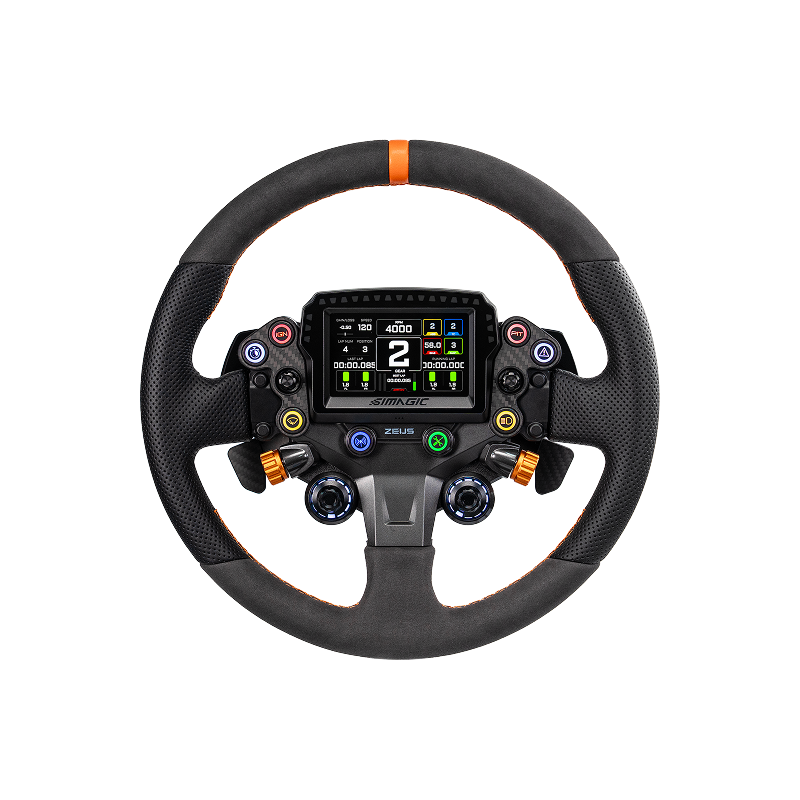 Simagic Zeus Sport 320mm racing steering wheel with MagicDash 4 telemetry display fitted, at SimRigs Australia