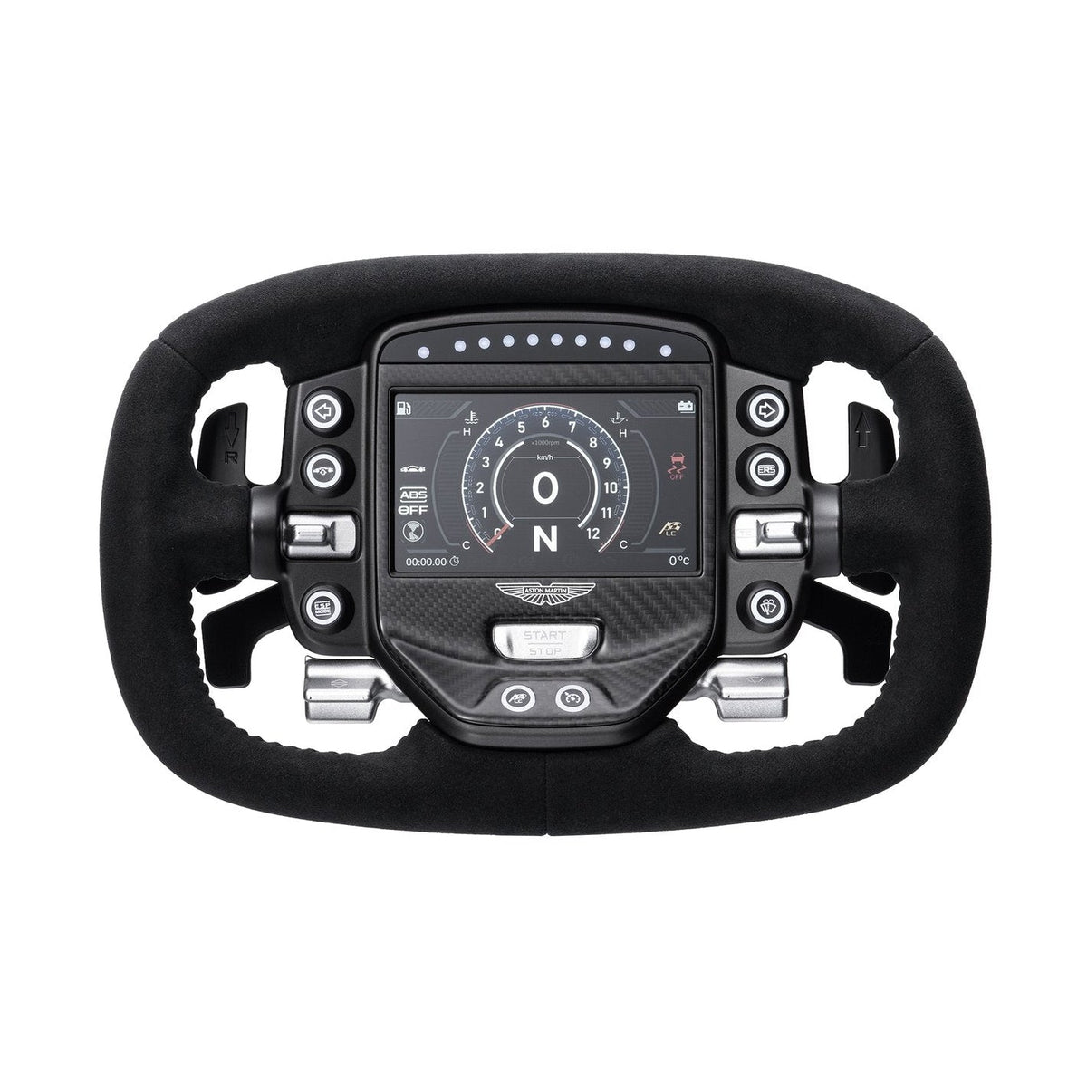 Simagic Aston Martin Valkyrie steering wheel, front view with dashboard lit