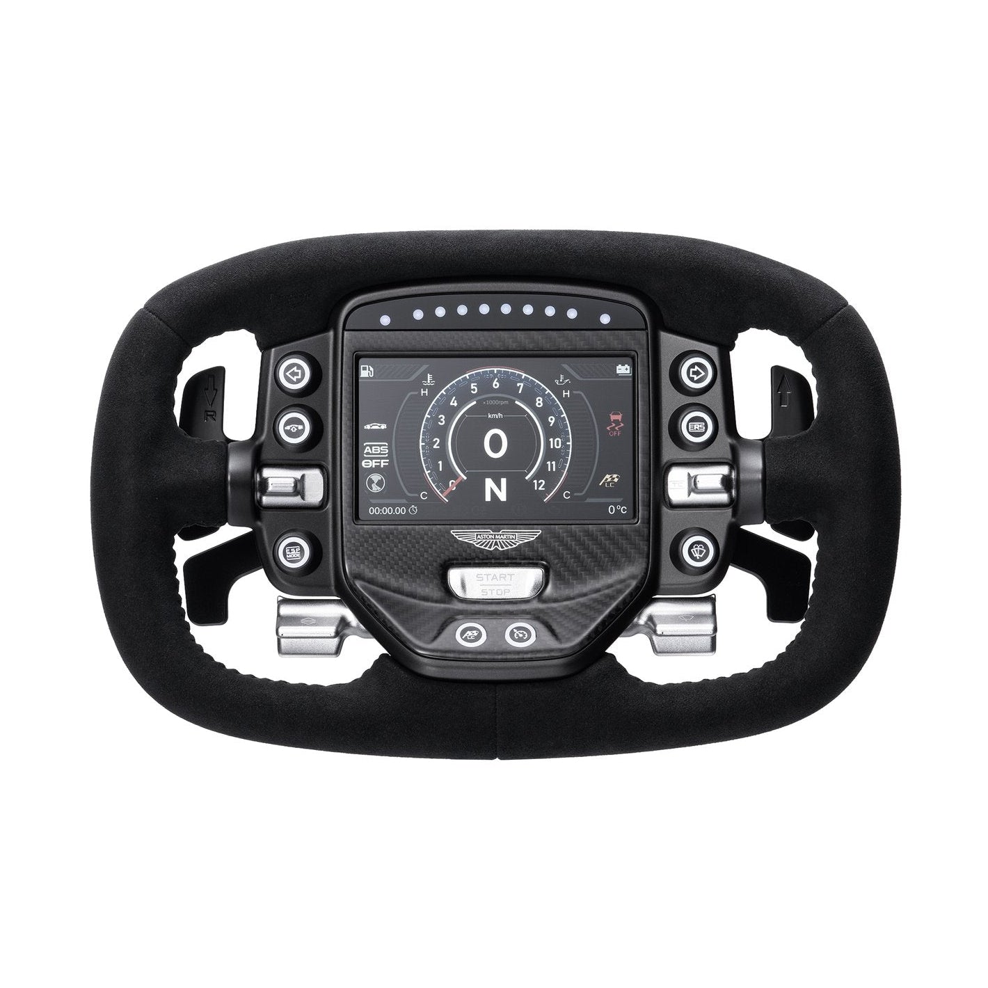 Simagic Aston Martin Valkyrie steering wheel, front view with dashboard lit