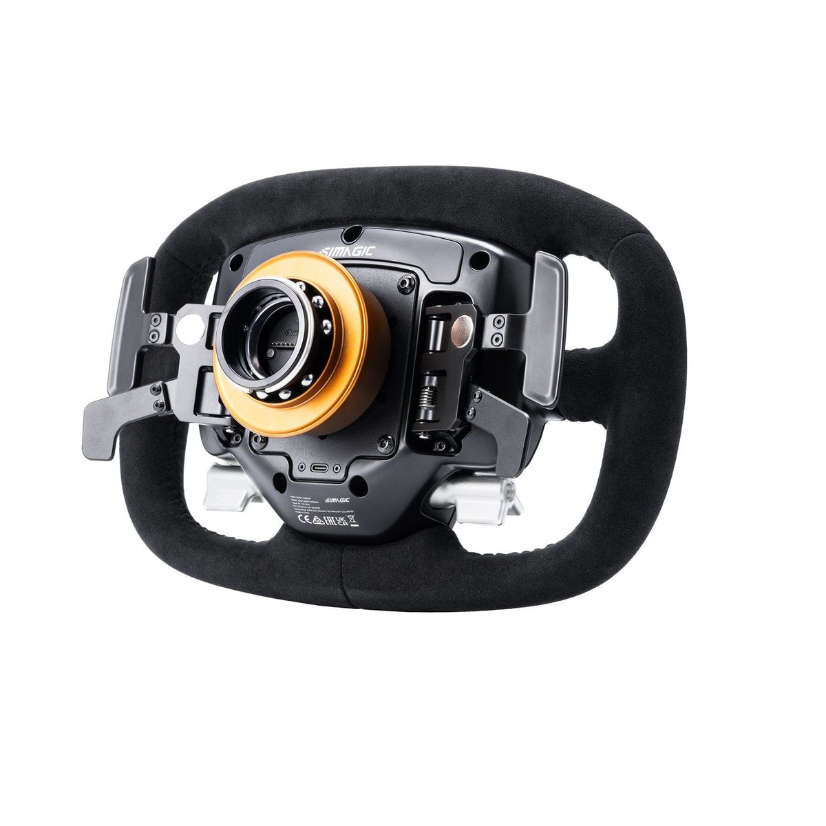 Rear of the Simagic Aston Martin Valkyrie steering wheel with AM QR50 quick release